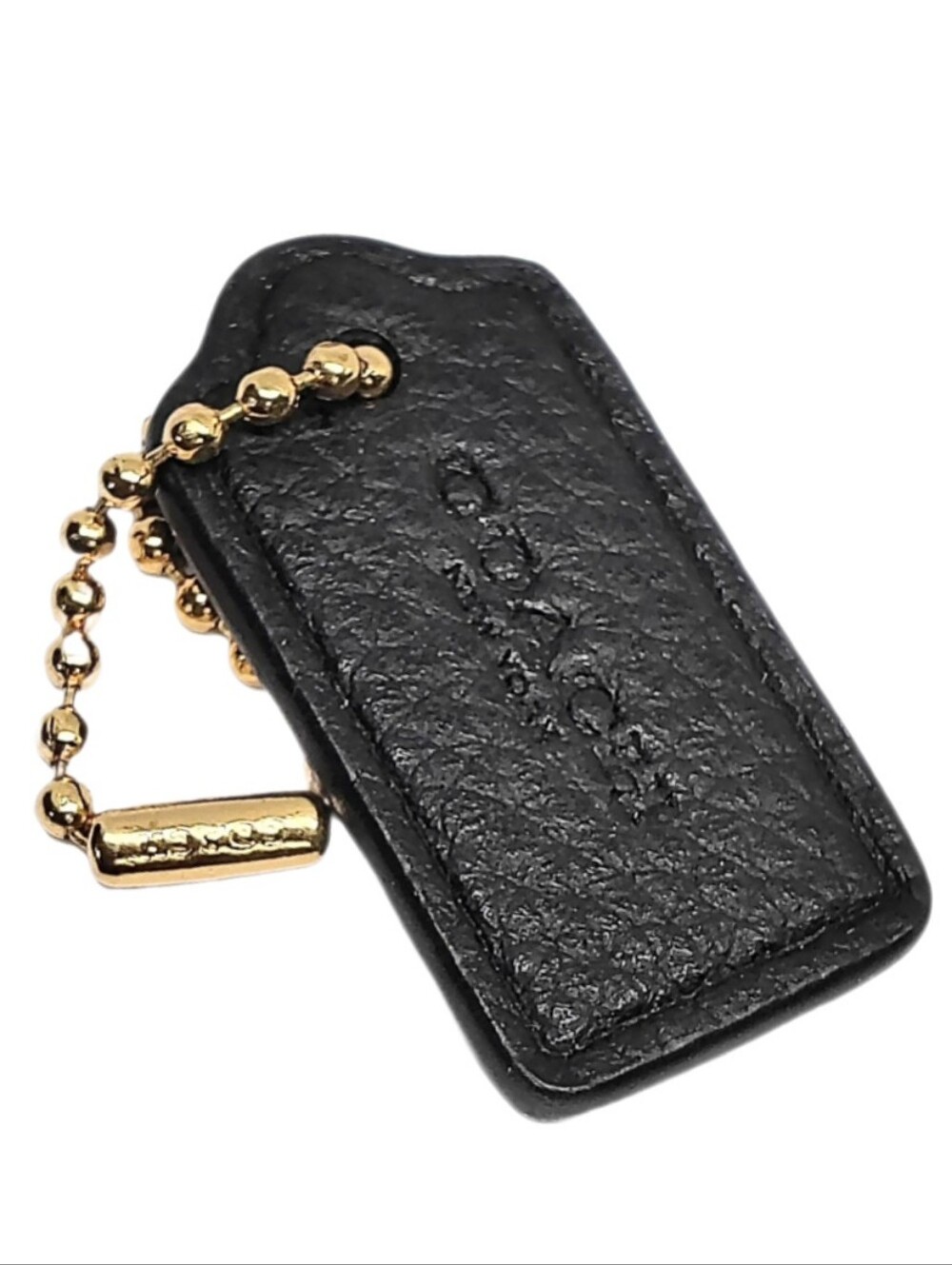 🆕 Coach 1.5" Brass & Black Pebbled Leather Hangtag Bag Fob Mini Charm Keychain